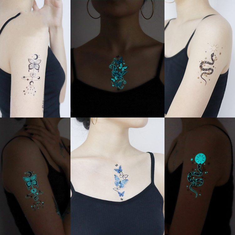 Blue waterproof night glow snake butterfly face noctilucent tattoo stickers