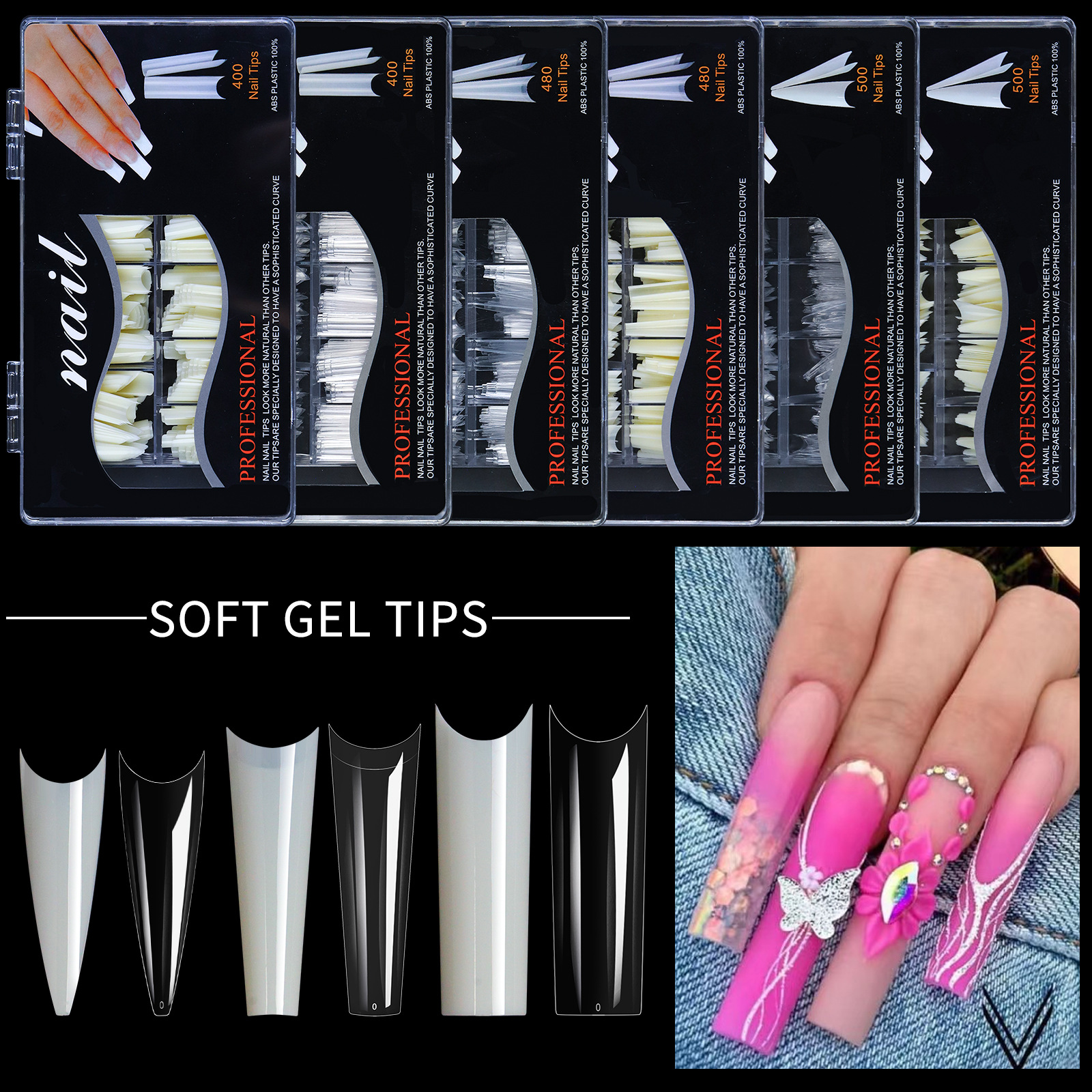  400 to 500 PCS Clear White Extra Long Ballet Soft ABS Nail Tips