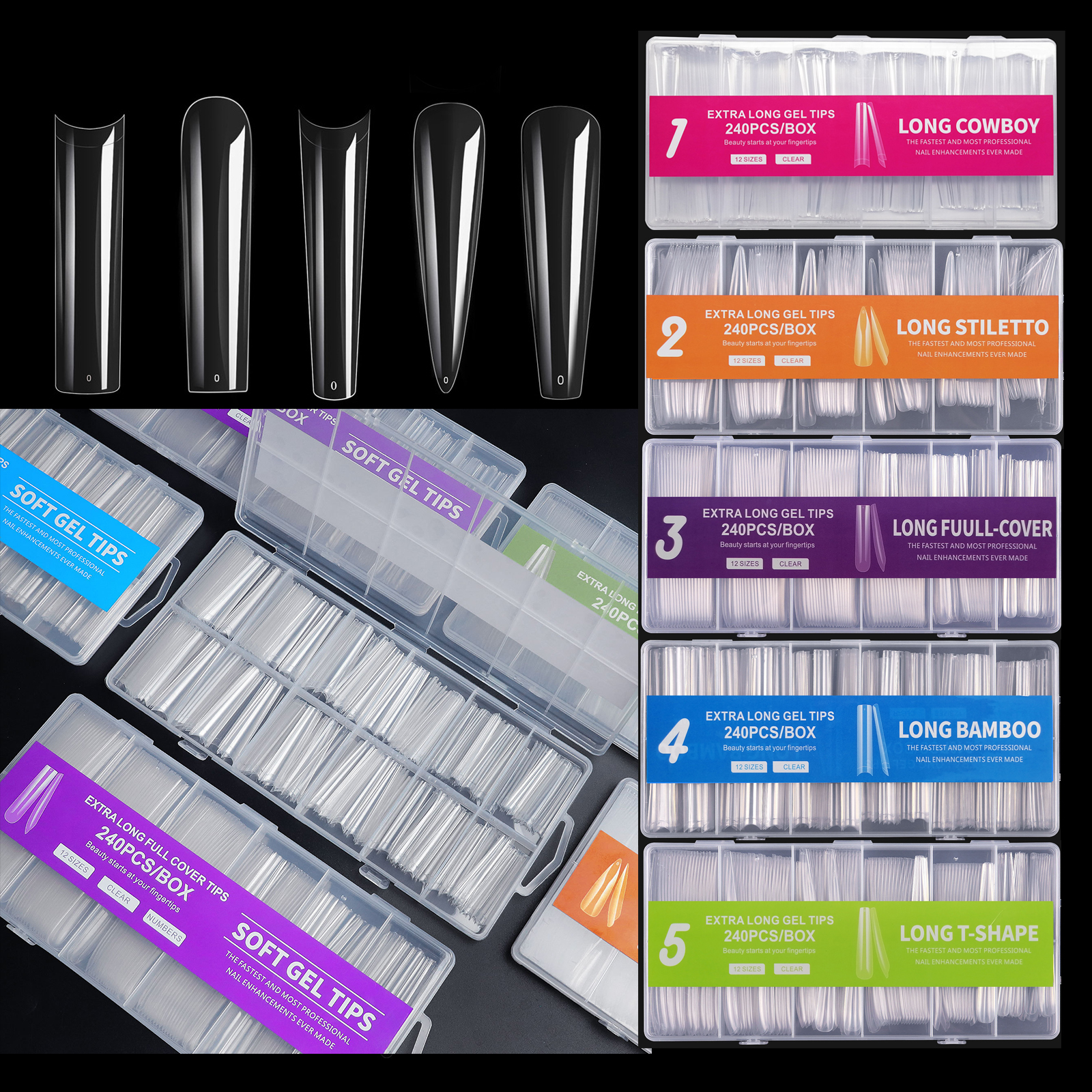 C Curve Square XXL DIY 240 Pcs Long Coffin Soft Gel X Nail Tips Full Cover