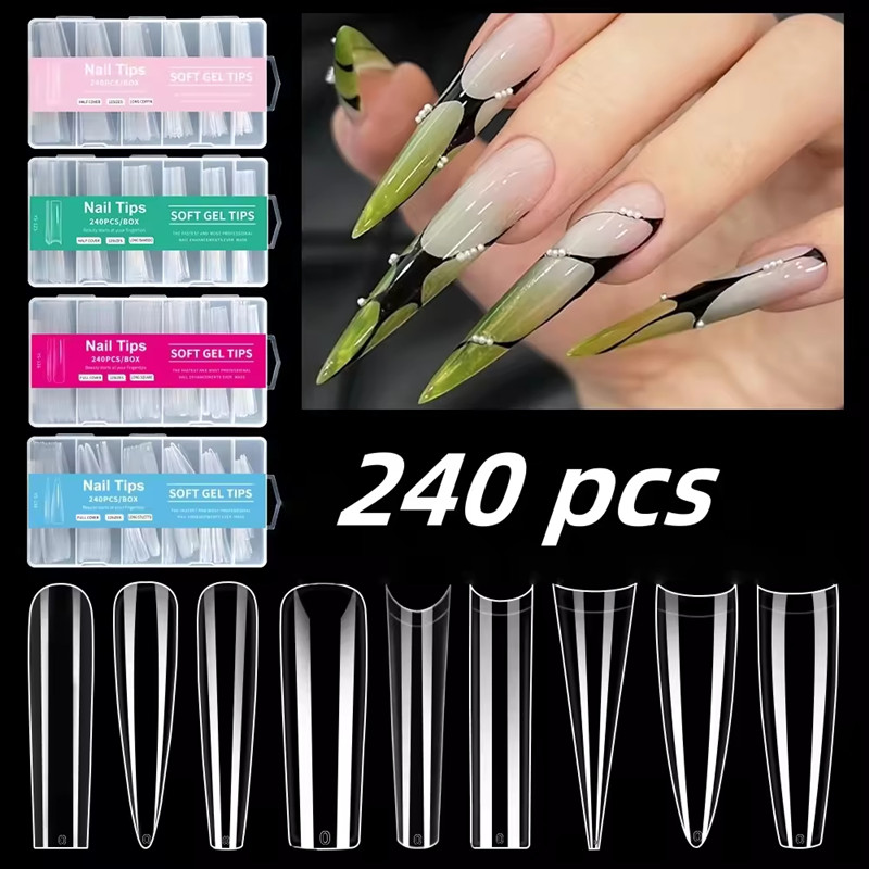 Custom 2025 Fashion 240 Pcs 3XL Long Straight Square Shape Long Coffin Soft Gel X Nail Tips Half Cover