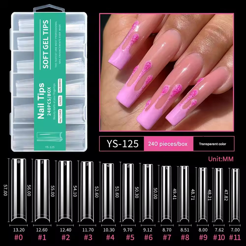 Custom 2025 Fashion 240 Pcs 3XL Long Straight Square Shape Long Coffin Soft Gel X Nail Tips Half Cover