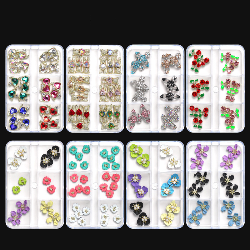 30 Pcs/box Silver Metal Alloy Nail Arts Charms Camellia Cherry Planet Decors